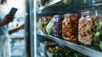 A refrigerator brimming with colorful jars of pickled vegetables, evoking freshness and healthy eating habits, while a person focuses on their phone in the background.