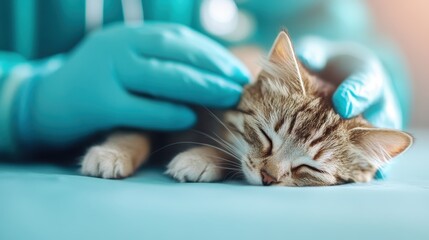 A caring veterinarian gently pets a sleepy kitten, showcasing the bond between animals and humans and highlighting the importance of compassion in veterinary care.