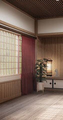 Asia wood room interior cleaning room with decoration Japanese style. 3D rendering