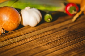 Various vegetables on wooden table