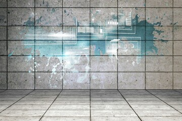 Splash on wall revealing technology interface