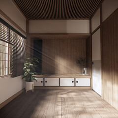 Asia wood room interior cleaning room with decoration Japanese style. 3D rendering