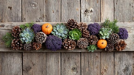 Autumnal arrangement of succulents, pinecones, and pumpkins on a rustic wooden plank.