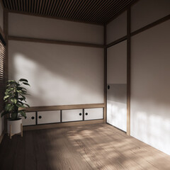Asia wood room interior cleaning room with decoration Japanese style. 3D rendering