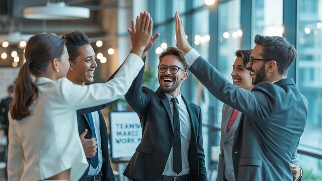 Team Spirit in the Workplace: A group of diverse business people celebrate a success with high five in the modern workplace. Capturing the essence of collaborative achievement and camaraderie. - Powered by Adobe