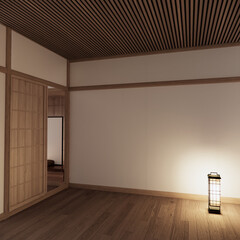 Asia wood room interior cleaning room with decoration Japanese style. 3D rendering