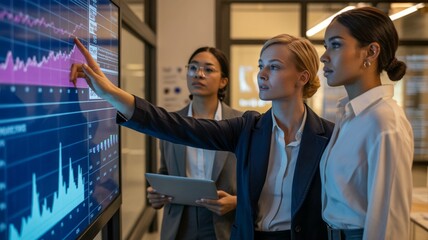 Strategic Insight: A focused team of businesswomen collaborating on a dynamic display of financial analytics and data. Evoking the essence of strategy.