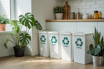 Sorting Station: A bright kitchen scene showcases the importance of recycling, with labeled bins for plastic, glass, and paper, promoting environmental responsibility and sustainable living.