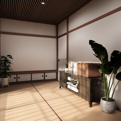 Japan tatami mat floor Living room interior cleaning room with decoration Japanese style. 3D...