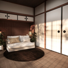arm chair and decoration japanese on Modern room interior wabisabi style.3D rendering