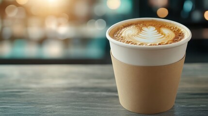 A warm coffee cup with beautifully crafted latte art resting on a rustic wooden table, inviting you to enjoy a moment of relaxation and peace.