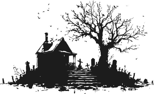 Spooky Hillside Cemetery: A haunting illustration of a desolate cemetery on a hillside, featuring a small house, leafless tree, and numerous tombstones.