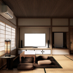 Japanese traditional low table and decoration on minimal muji room japan style.3D rendering
