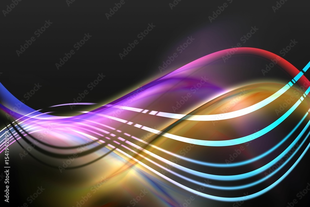 Poster swirling colorful translucent ribbons are flowing on dark gradient backdrop in abstract digital art