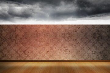 Flat design empty hall is featuring polished wooden floor, wall, white accent band under stormy sky