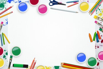 Blank paper is lying on tabletop in flat style, paint containers, brushes and splatters, copy space