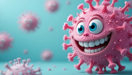 Happy pink cartoon coronavirus character 3d render
