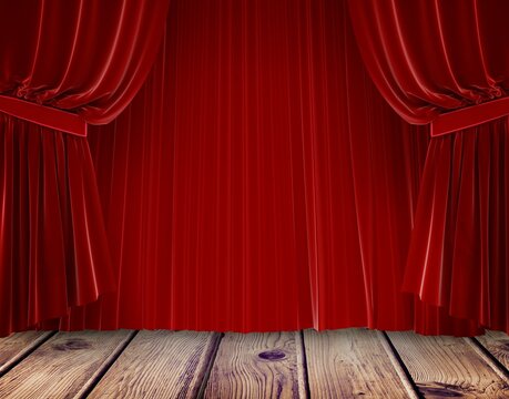 Fototapeta Red velvet stage curtain is showcasing flat design theatre scene with tiebacks and wooden planks