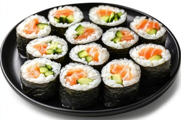 Aesthetic arrangement of fresh sushi rolls with salmon and cucumber, symbolizing Japanese cuisine and healthy meal options