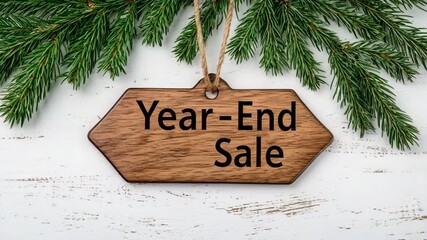 A vintage wooden Merry Christmas sign ornament hangs on a decorated holiday tree - Powered by Adobe