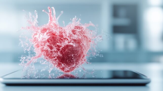 A vibrant heart made of splash water dances on a smartphone screen, symbolizing love and connection in the digital age, where emotions are portrayed through technology.