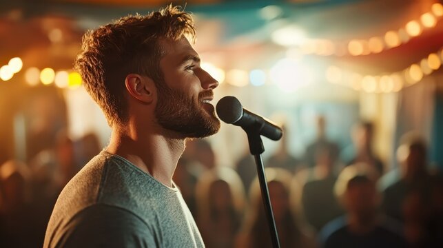 Dynamic profile shot of a singer passionately performing into a microphone on stage, illuminated by warm lights, capturing the essence of live music and creative expression.