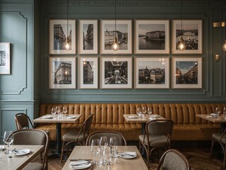 Framed Paris cafe photos behind narrow dining counter setup