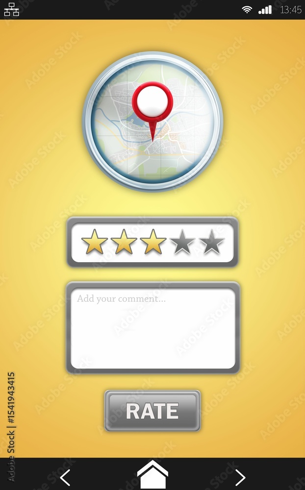 Poster mobile app rating is showing in flat ui, with circular map, stars, comment box, rate button