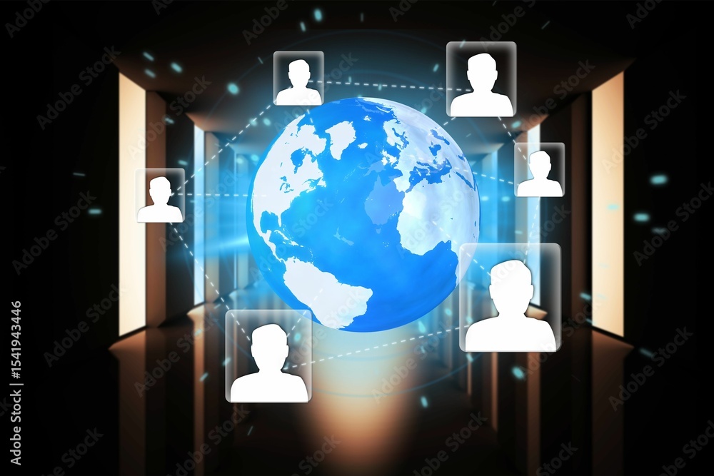 Aufkleber glowing blue earth globe is floating in 3d-rendered corridor with connecting user icons, lit panels