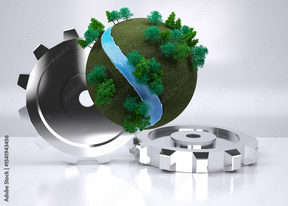 Aufkleber earth with trees in front of cogs