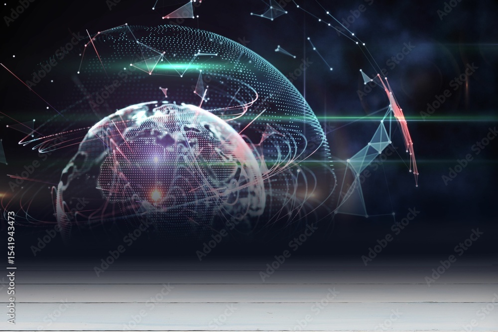 Poster 3d holographic globe is hovering over stage in void with dot-matrix mesh and neon green-pink trails