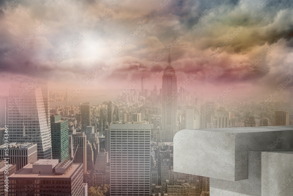 Poster flat design scene is showing spire-topped skyscraper above urban skyline with concrete platform