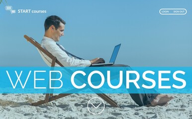 Businessman learning on the beach