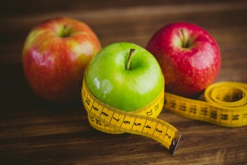 Red and green apples with measuring tape