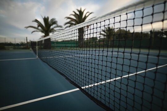 Fototapeta Flat design is showing tennis net on blue court, white lines, green windscreen fencing, palm trees