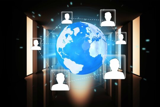 Fototapeta Glowing blue Earth globe is floating in 3D-rendered corridor with connecting user icons, lit panels