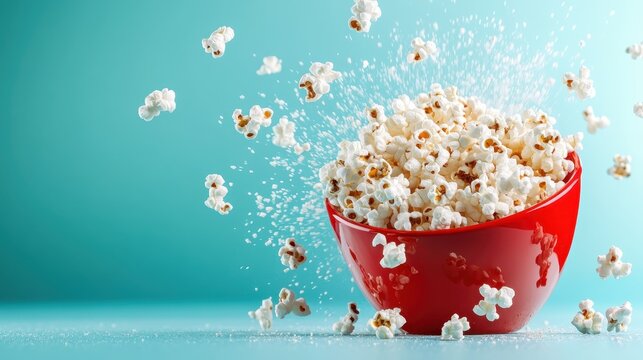 A dynamic image of popcorn bursting from a bright red bowl against a soft blue background, showcasing fun, excitement, and the joy of snacking during movie nights.