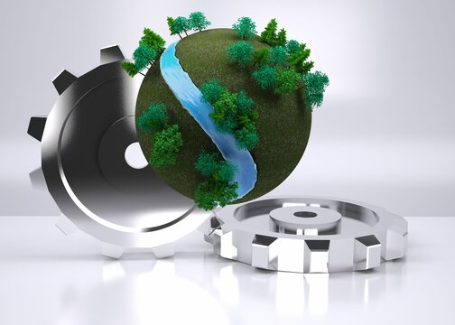 Naklejki Earth with trees in front of cogs