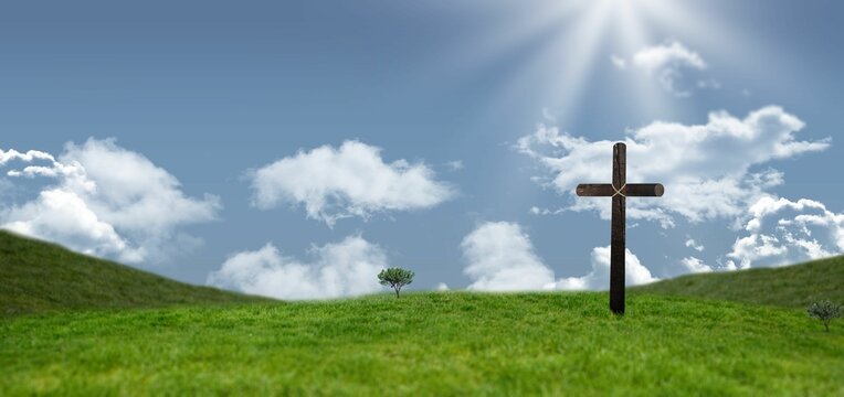 Fototapeta Flat design is showing weathered wooden cross on hill, rays streaming through clouds and lone tree