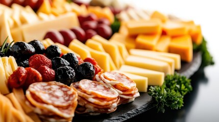 An appetizing cheese and meat platter beautifully arranged with vibrant colors, highlighting gourmet selection ideal for gatherings and culinary enthusiasts.