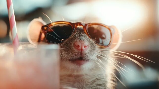 A trendy rodent sporting sunglasses enjoys a cool drink, embodying fun, humor, and joy, perfectly capturing a playful moment in a stylish setting.