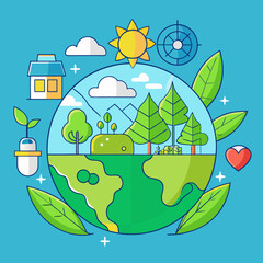 Fototapeta premium Stylized representation of Earth with trees, sun, house, and environmental elements