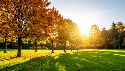 Serene Autumn Park with Sunlight Filtering Through Trees