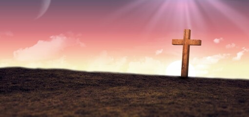 Wooden cross is rising from grassy hill under sunrise beams with faint moon in flat design