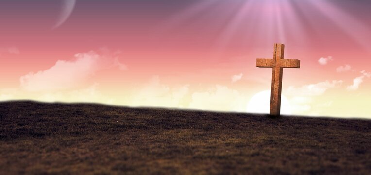 Fototapeta Wooden cross is rising from grassy hill under sunrise beams with faint moon in flat design