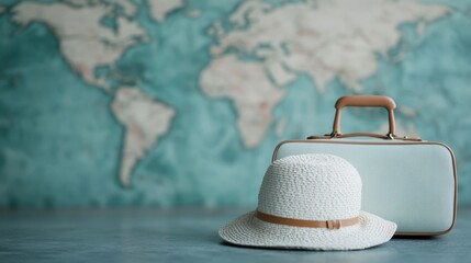 A classic suitcase and straw hat resting on a vibrant world map, symbolizing travel, adventure, and exploration in a nostalgic aesthetic.