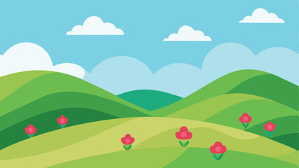 Fototapeta premium Cartoon landscape of rolling hills with flowers and blue sky on a white background