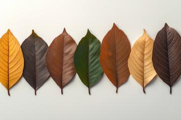 Fototapeta premium Symmetrical row of leaves in autumn colors arranged on white background, natural pattern, calm and peaceful mood