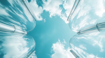 A stunning perspective of transparent tubes framing the sky, showcasing a beautiful arrangement of clouds and reflections that evoke a sense of clarity and freedom.