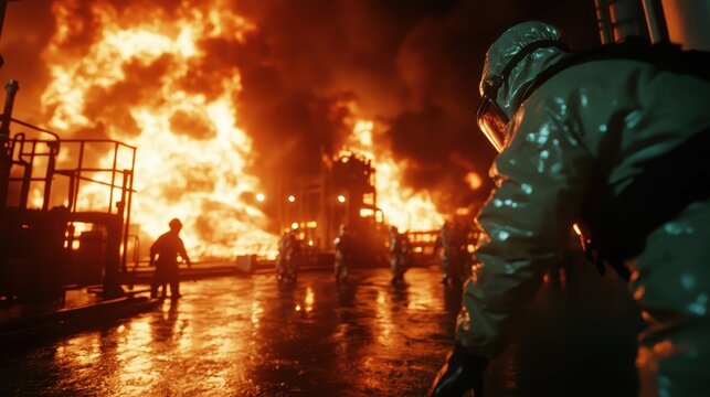 A dramatic scene depicting an emergency response team in protective gear confronting a raging fire, illustrating bravery, urgency, and the need for quick action in crises.